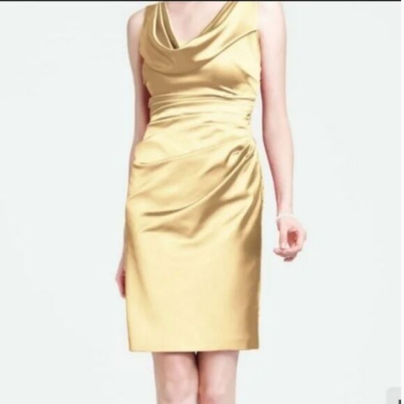 David's Bridal Malibu Blue Satin Ruched Draped Neck Dress 10 - Picture 11 of 11
